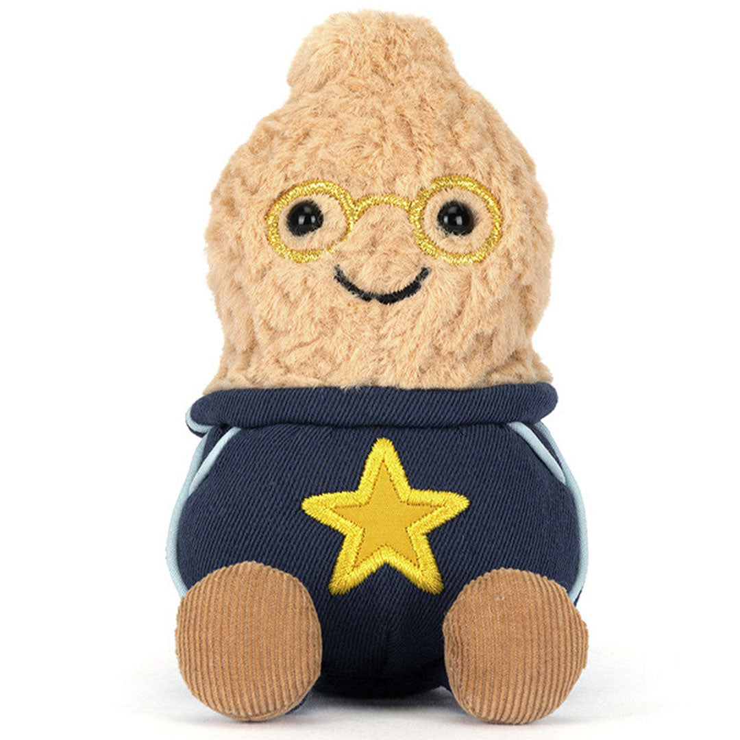 Jellycat amuseable knuffelpinda Star Student met bril en blauwe broek met gele ster, van voren gezien.