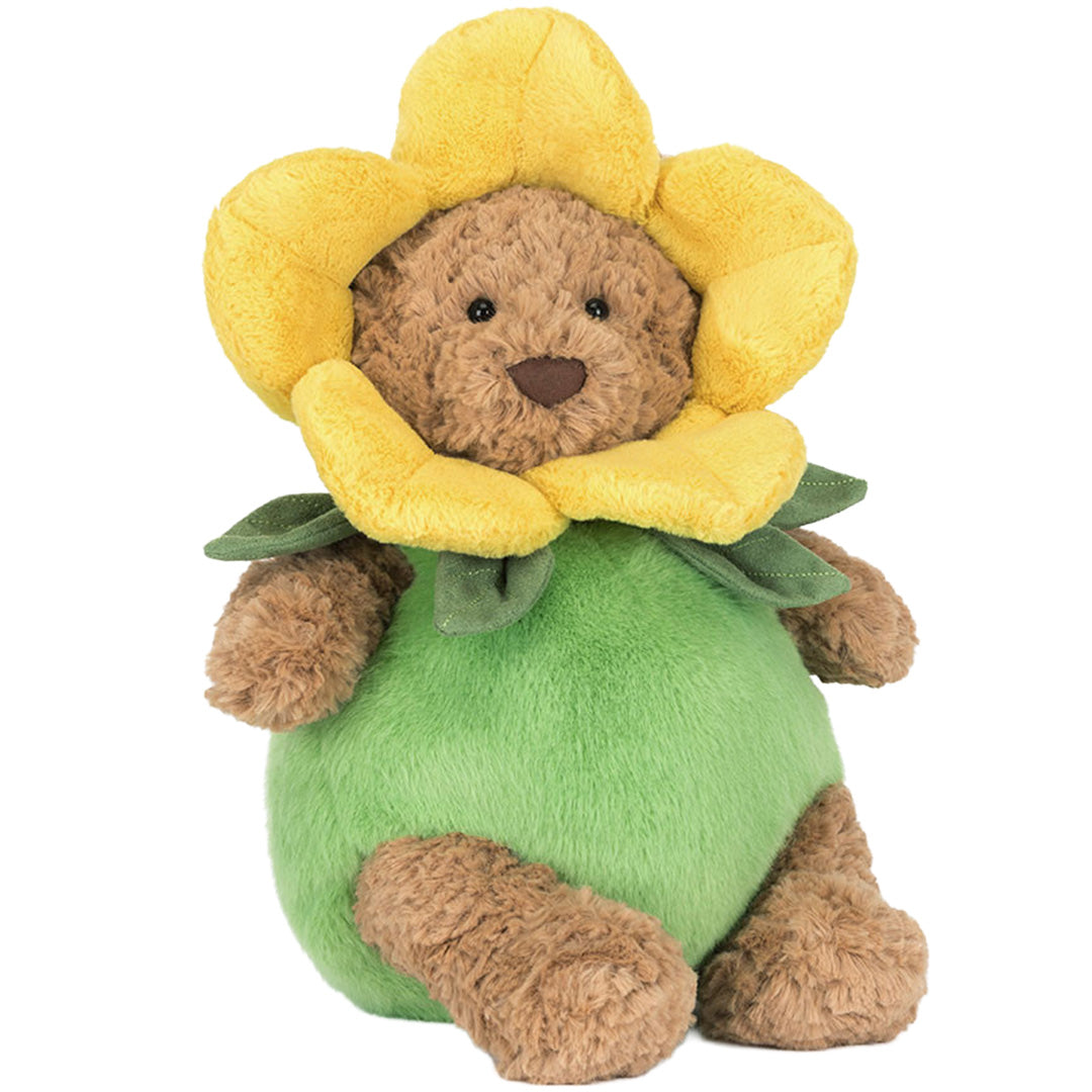 Jellycat pluchen knuffelbeer Bartholomew in een geel narcispak, zittend en van voren gezien.