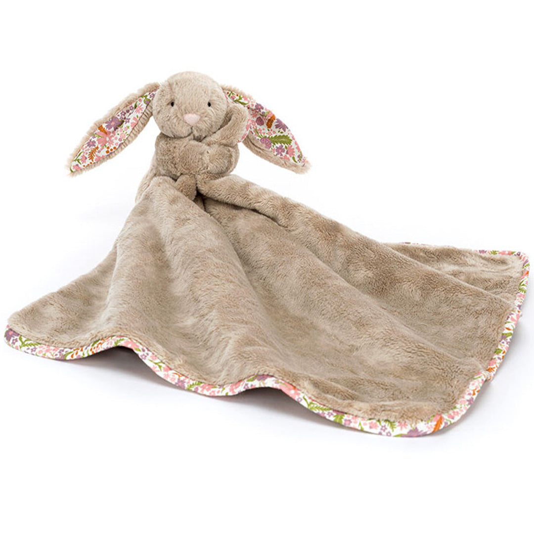 Jellycat beige konijnen knuffeldoek met gebloemde oren en rand, liggend uitgespreid.