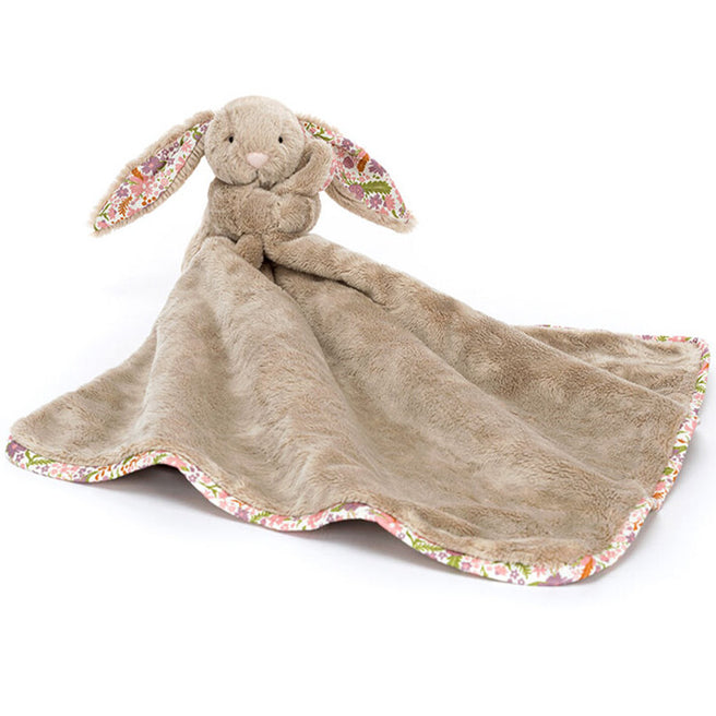 Jellycat beige konijnen knuffeldoek met gebloemde oren en rand, liggend uitgespreid.