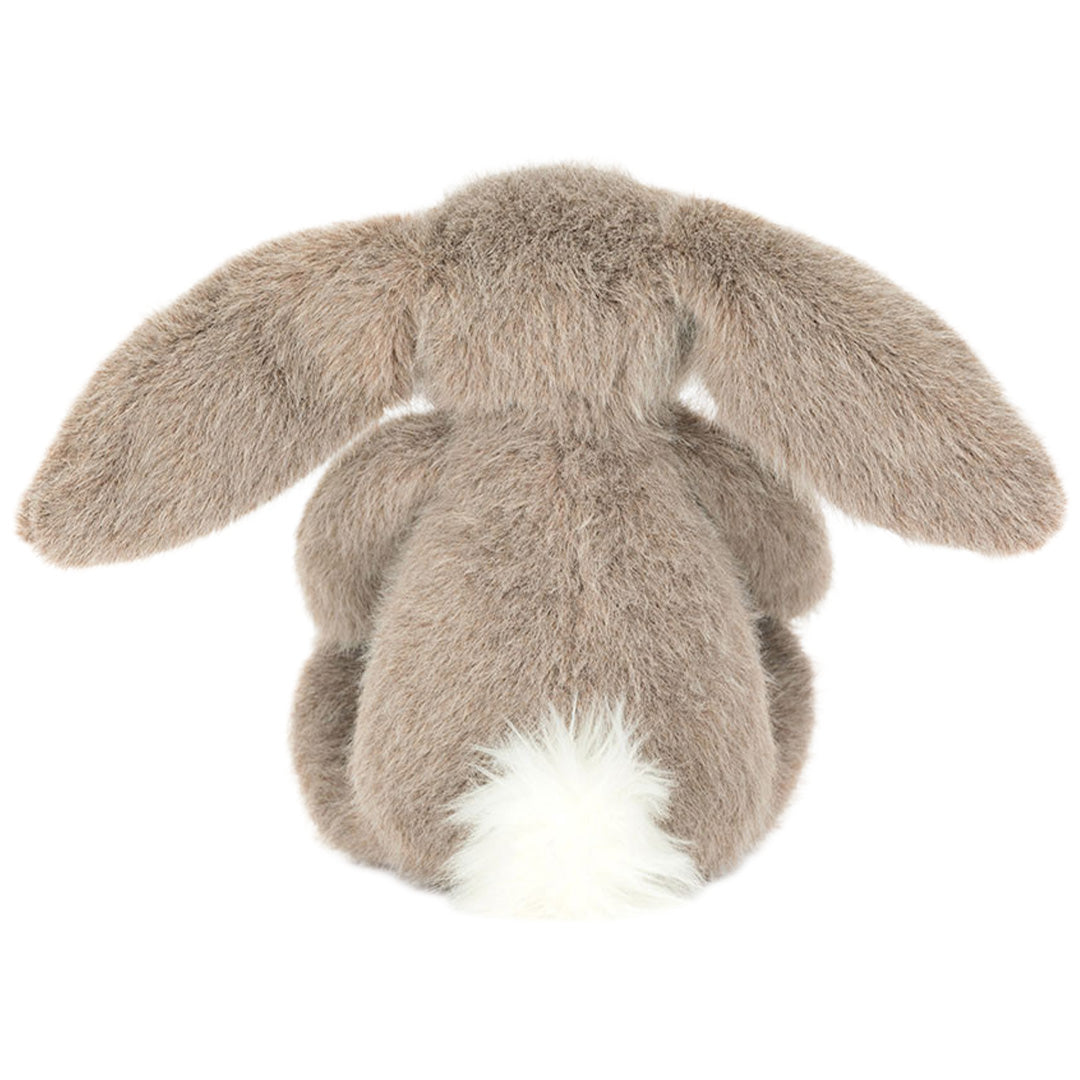 Achteraanzicht van het Jellycat knuffelkonijn Flufflet Bunny met een witte pluizige staart.