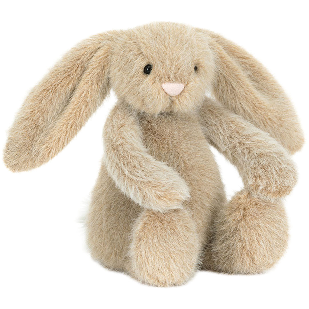 Jellycat pluchen knuffelkonijn in beige kleur, schuin van voren gefotografeerd.