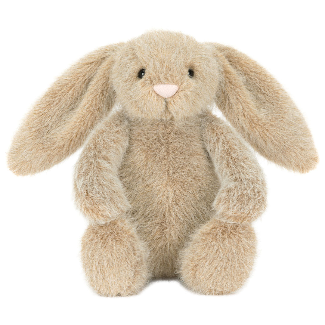 Jellycat pluchen knuffelkonijn in beige kleur, zittend en van voren gefotografeerd.