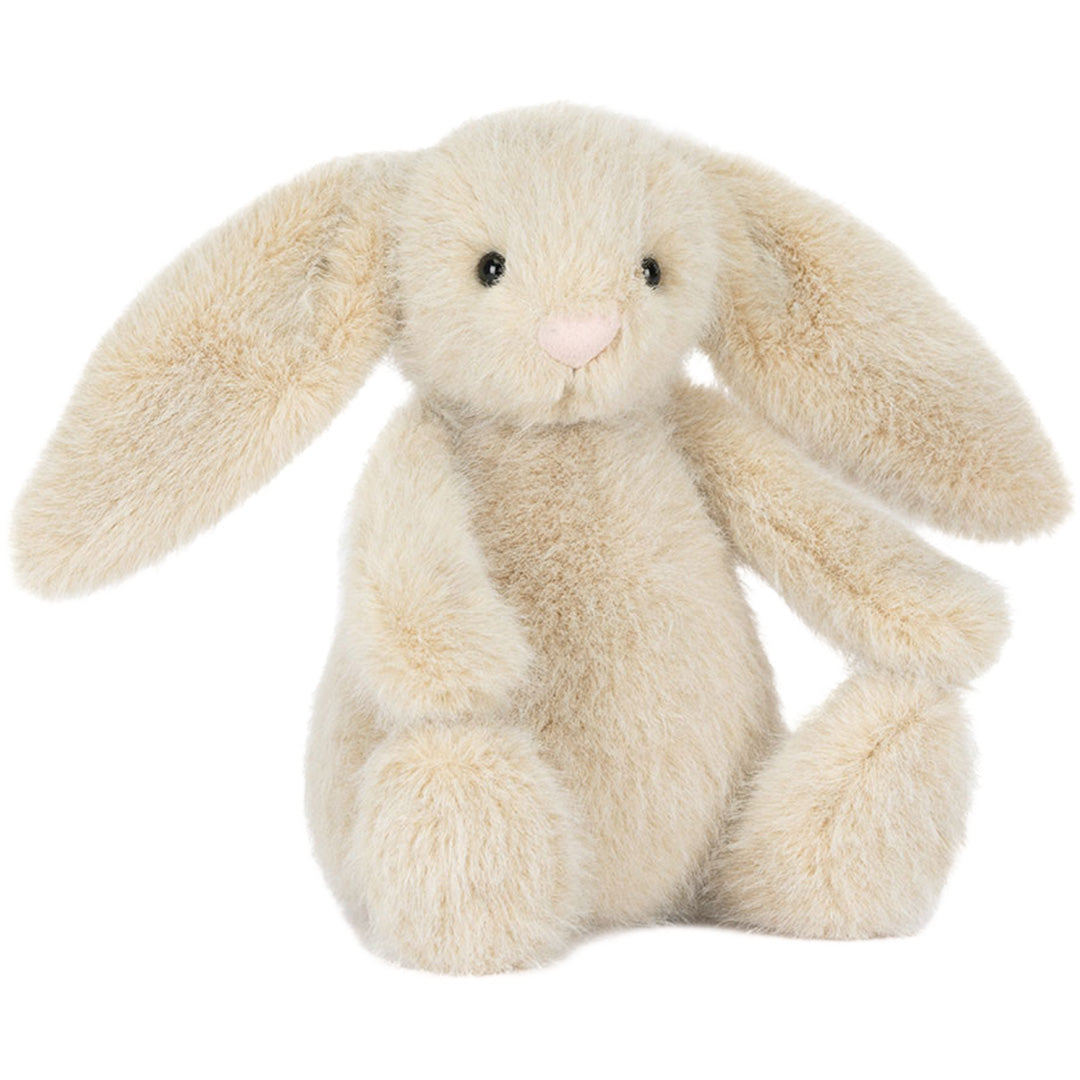 Jellycat Flufflet Bunny pluchen speelgoed in beige kleur, zittend en frontaal gefotografeerd.