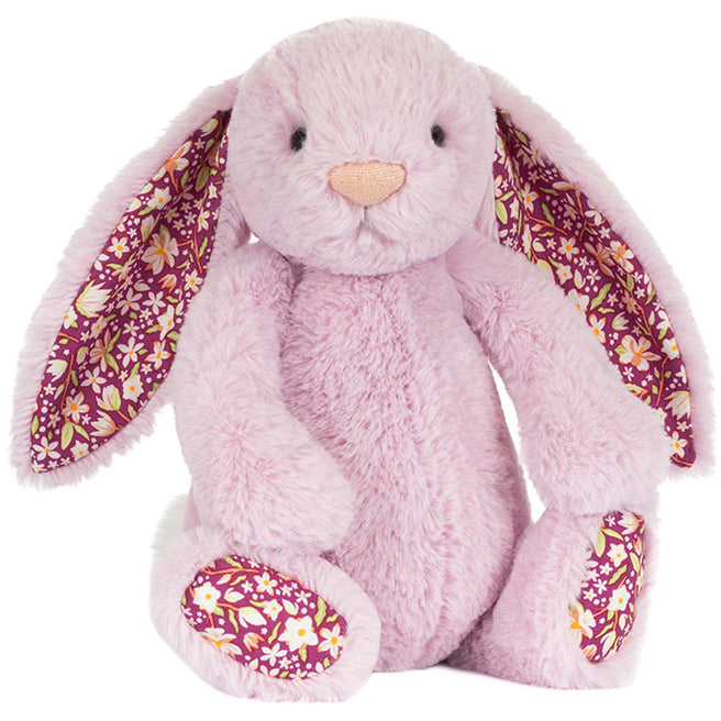 Jellycat roze knuffelkonijn met gebloemde oren en voetzolen.