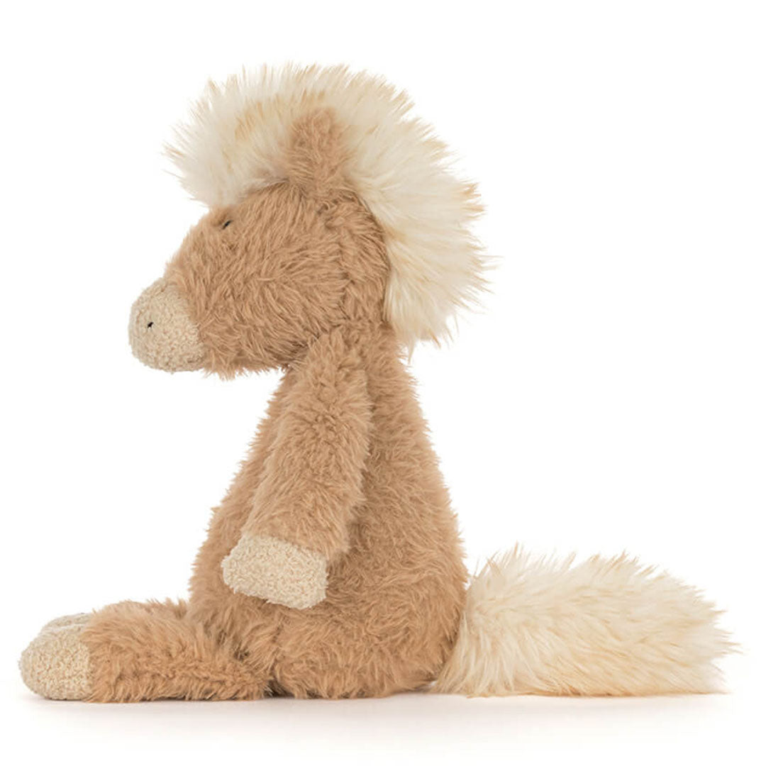 Jellycat pluchen pony knuffel, bruin met lichte manen en staart, van de zijkant gezien.