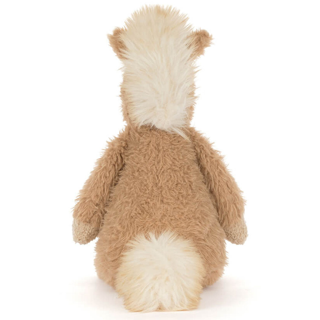 Jellycat pluchen pony knuffel, bruin met lichte manen en staart, van achteren gezien.