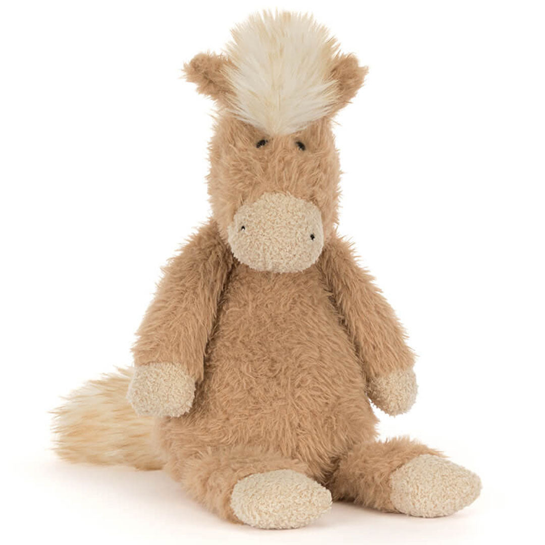 Jellycat pluchen pony knuffel, bruin met lichte manen en staart, van voren gezien.