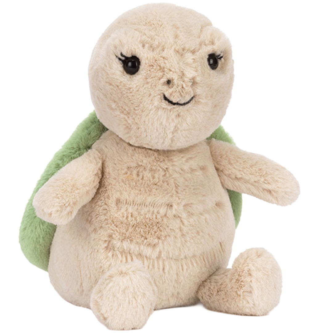 Jellycat pluchen schildpad knuffel met beige lijf en groene schild, zittend en naar voren kijkend.