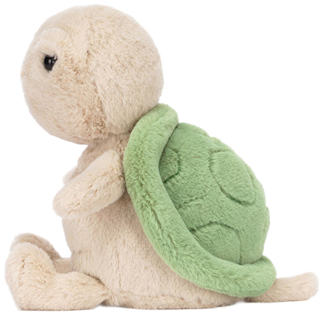 Jellycat pluchen schildpad knuffel, zittend en schuin van achteren gezien, met beige lijf en groene schild.