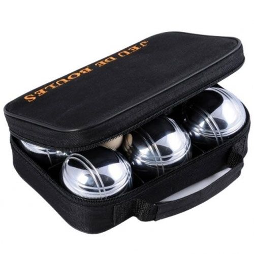Angeltoys jeu de boules set met zilverkleurige ballen in een zwarte draagtas met oranje tekst.