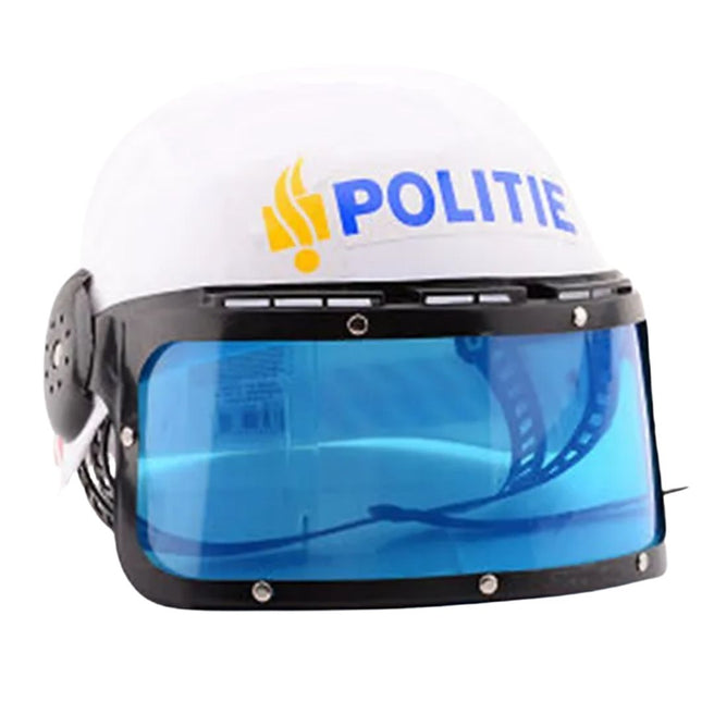 Johntoy witte plastic politiehelm met blauw vizier en 'POLITIE' tekst.