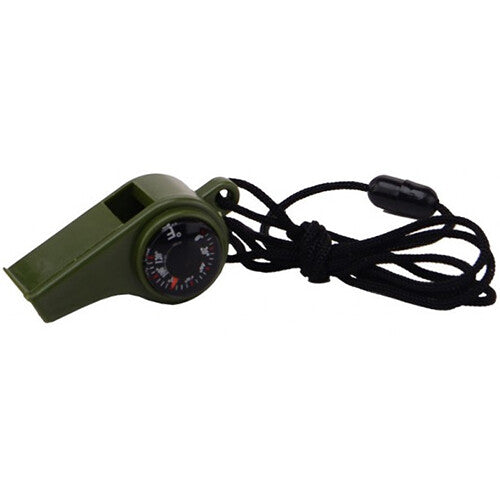 Groene Johntoy Science Explorer fluit met kompas en thermometer, hangend aan een zwart koord.