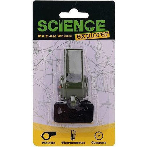 Verpakking van de Johntoy Science Explorer fluit met kompas en thermometer.