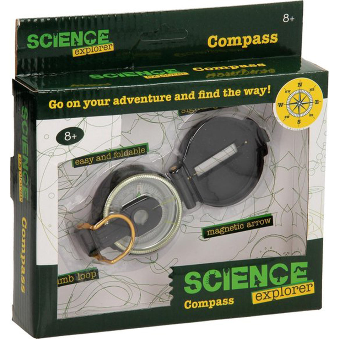 De verpakking van het Johntoy Science Explorer kompas, met het product zichtbaar door een venster.