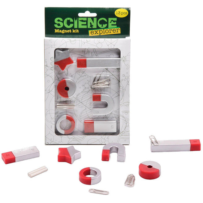 Een johntoy Science Explorer magnetenset met diverse rode en zilveren magneten en paperclips, deels in de verpakking en deels ernaast.