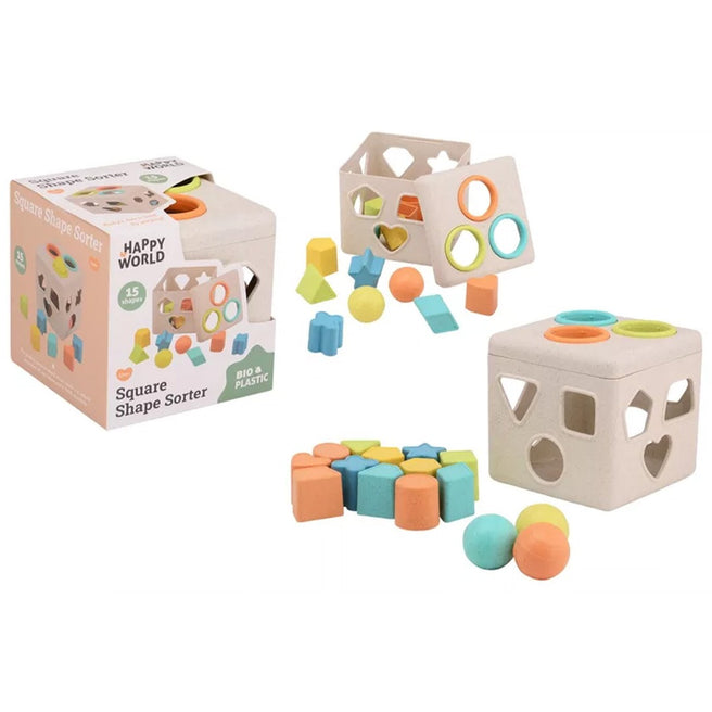Een johntoy vormendoos met een beige vierkante sorteerdoos en diverse kleurrijke vormen, samen met de productverpakking.