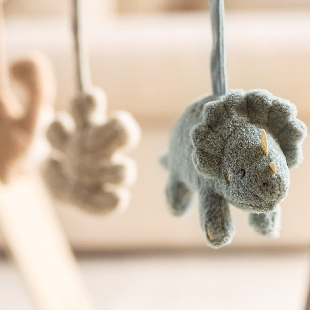 Close-up van het Jollein blauwe dinosaurus babygymspeeltje hangend aan een houten staaf.