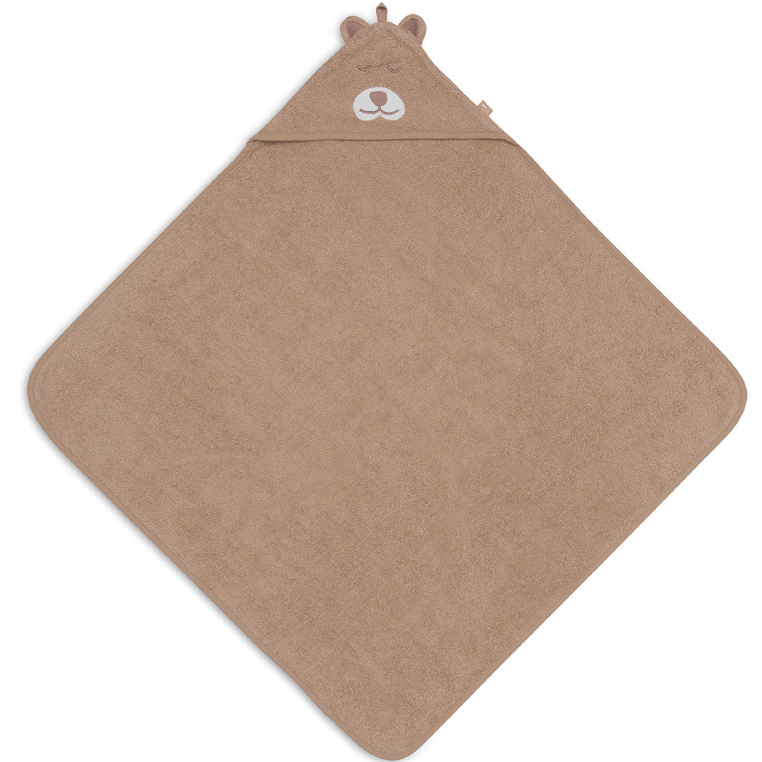 Jollein baby badcape met berenkap, plat en diagonaal uitgevouwen.