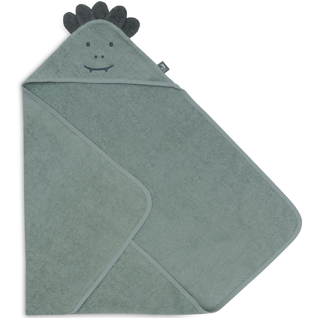 Jollein baby badcape in groen met een krokodillenhoofdje op de capuchon, diagonaal gevouwen.