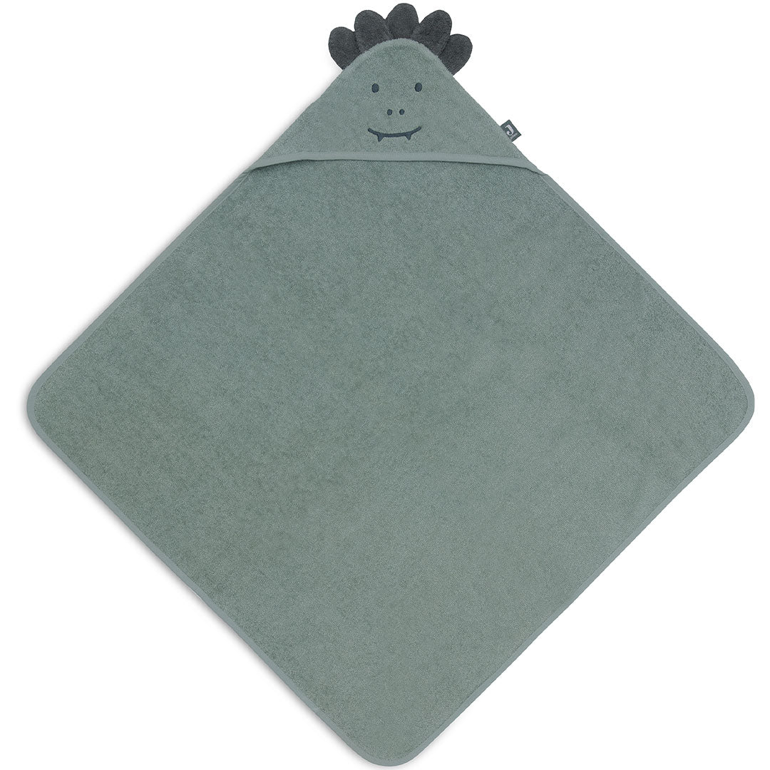 Jollein baby badcape in groen met een krokodillenhoofdje op de capuchon, plat neergelegd.