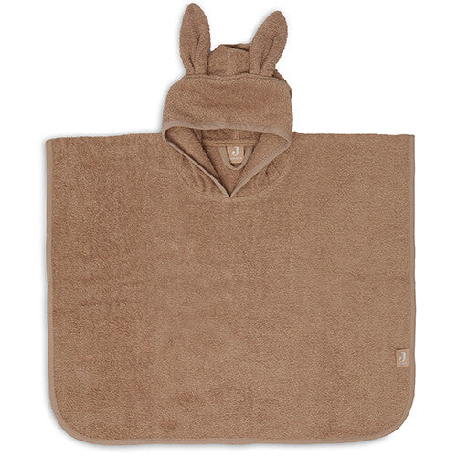 Jollein badponcho voor baby's en peuters in biscuitkleur met konijnenoren op de capuchon, vooraanzicht.