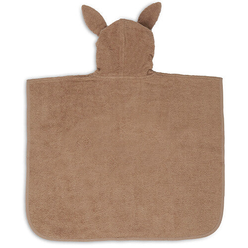 Jollein badponcho voor baby's en peuters in biscuitkleur met konijnenoren op de capuchon, achteraanzicht.
