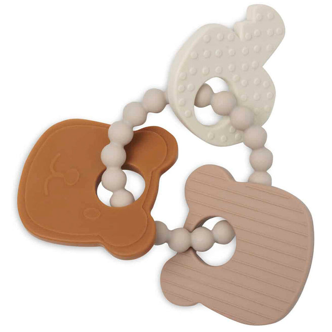 Jollein bijtspeelgoed met een bruine teddybeer, een beige en een lichtbruine siliconen vorm, verbonden door kralen.