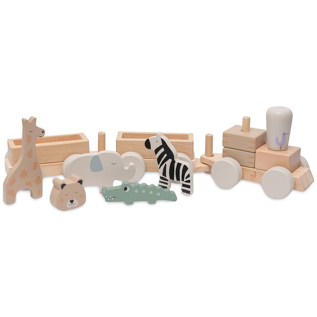 De Jollein houten blokkentrein met alle losse jungle dierenfiguren en treinwagons naast elkaar.