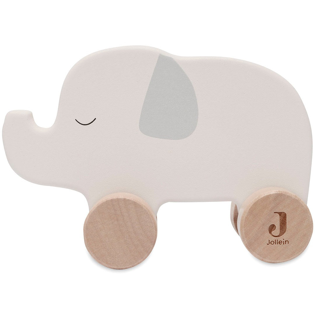 Jollein houten duwfiguur in de vorm van een beige olifant met logo op het wiel.