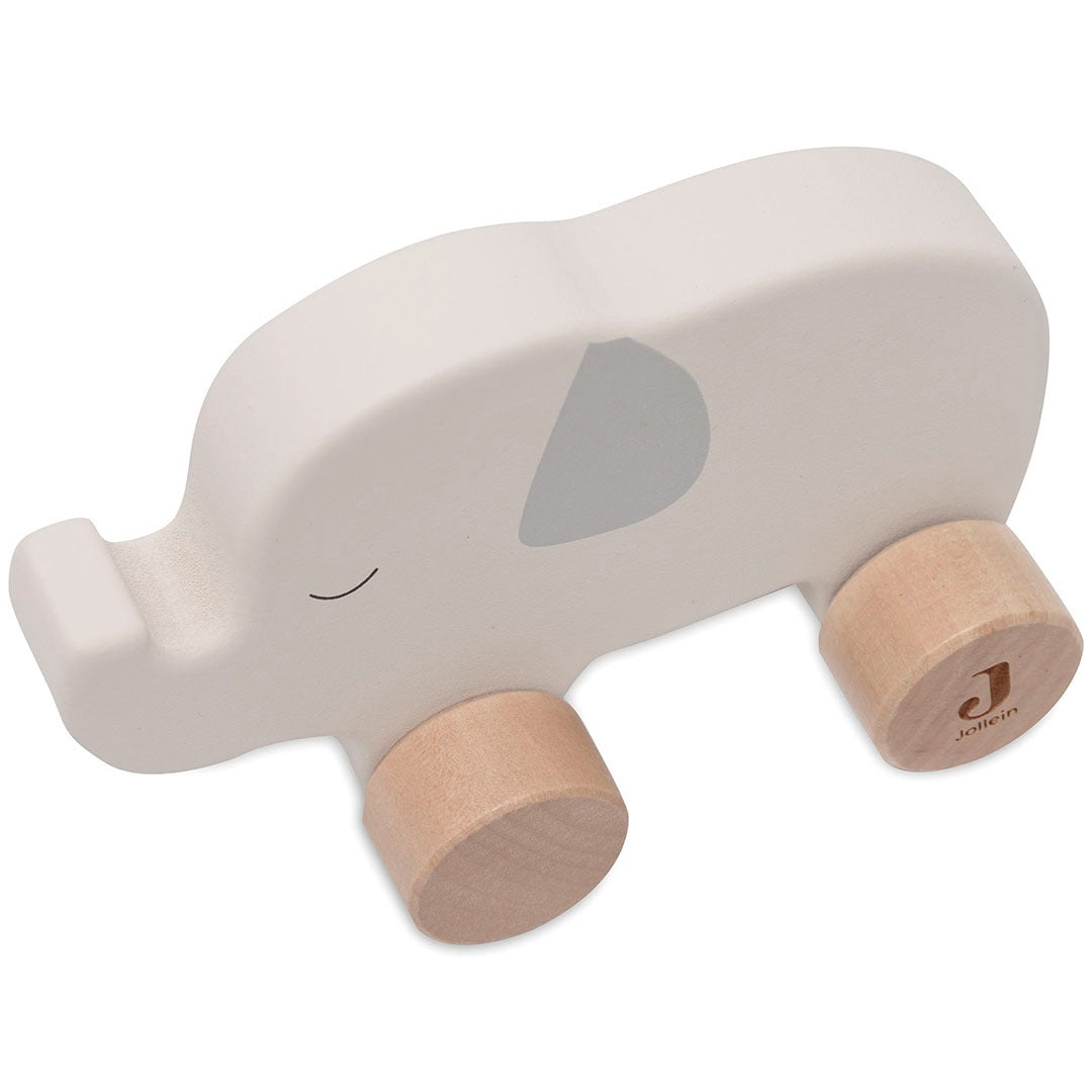 Jollein houten duwfiguur in de vorm van een beige olifant met de slurf naar voren en logo op het wiel.