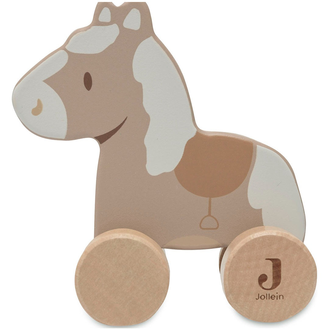 Jollein houten duwfiguur paard, beige met witte vlekken, op een witte achtergrond.