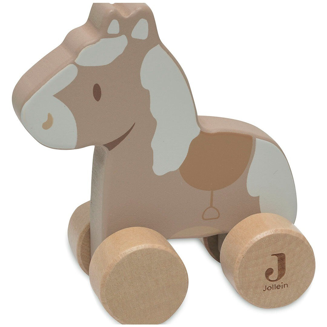 Jollein houten duwfiguur paard, beige met witte vlekken en logo op het wiel, op een witte achtergrond.