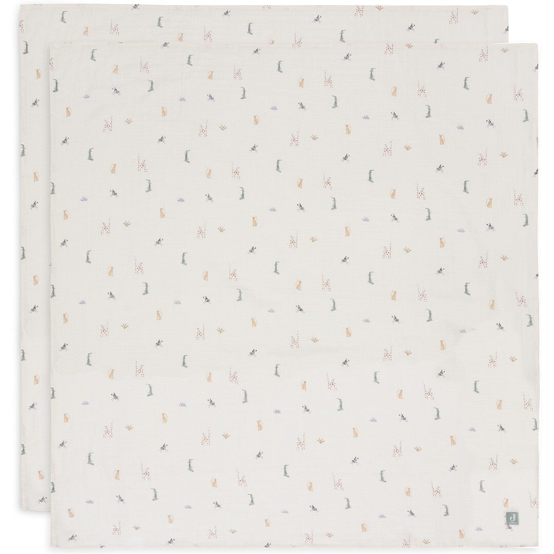 Twee Jollein hydrofiele multidoeken met jungle jambo print, plat op een witte ondergrond.