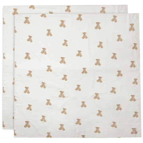 Twee Jollein hydrofiele multidoeken met beige teddybeer patroon.
