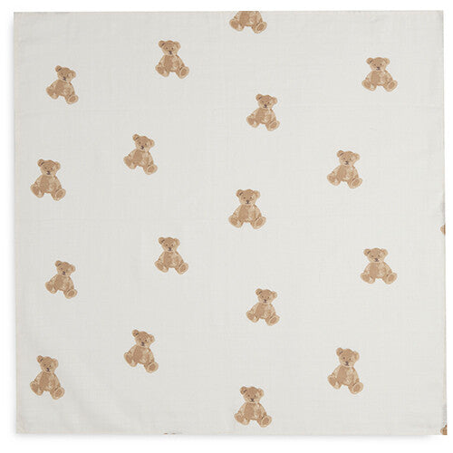Een Jollein hydrofiele multidoek voor baby's en peuters met een patroon van teddyberen, plat gelegd.