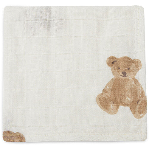 Eén Jollein hydrofiel spuugdoekje met een zittende teddybeer patroon.