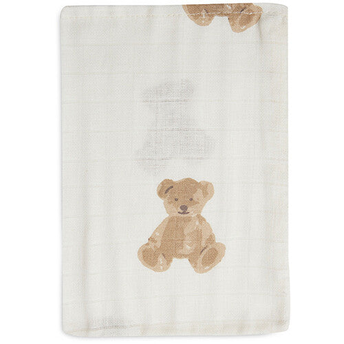 Een Jollein beige hydrofiel washandje met een bruine teddybeerprint.