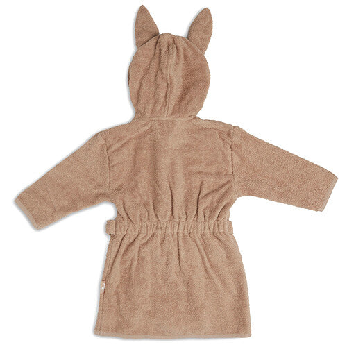 Achterkant van de Jollein kinderbadjas in beige badstof met konijnenoren.