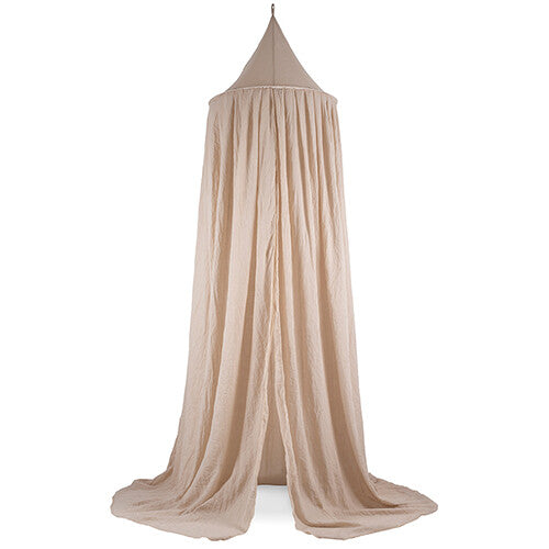 Jollein klamboe vintage nougat, een beige bedhemel, hangend tegen een witte achtergrond.