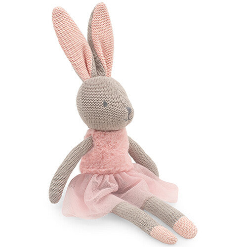 Jollein knuffelkonijn Nola, een grijs pluchen konijn met roze jurkje, zittend op een witte achtergrond.