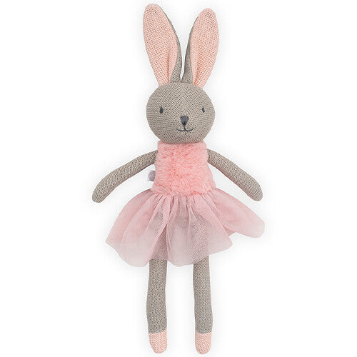 Jollein knuffelkonijn Nola, een grijs pluchen konijn met roze jurkje, staand op een witte achtergrond.