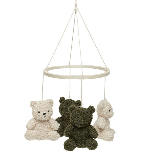 Jollein baby mobile met vier hangende teddyberen in lichte en donkergroene kleuren.