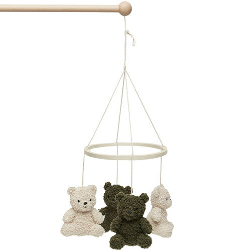 Jollein baby mobile met vier hangende teddyberen, bevestigd aan een houten staaf.
