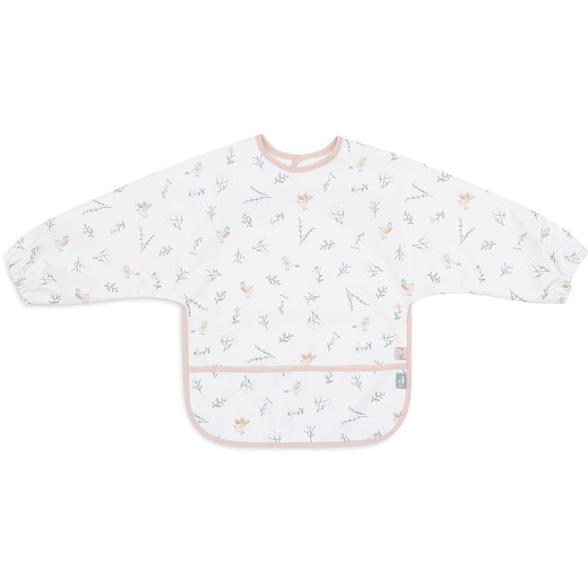 Jollein mouwslab voor baby's met een wit 'Lovely Birds' patroon en roze bies.