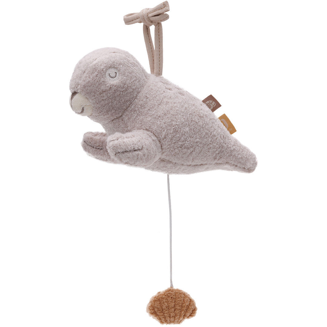 Jollein babyspeelgoed muziekdoosje in de vorm van een beige pluchen zeehond met een trekkoord.