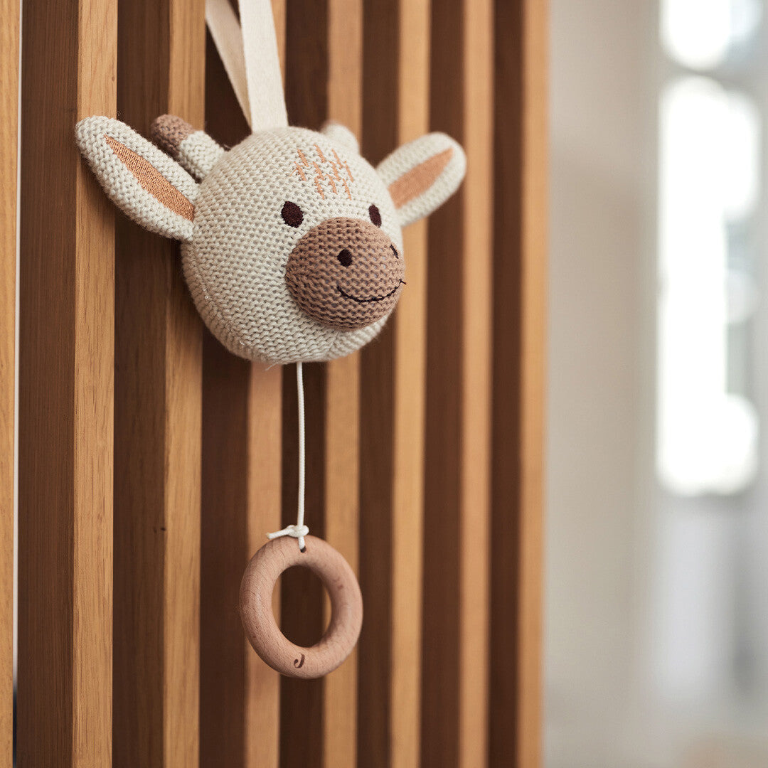 Jollein babyspeelgoed muziekdoosje in de vorm van een gebreide giraffenkop met houten ring, hangend aan een houten lattenwand.