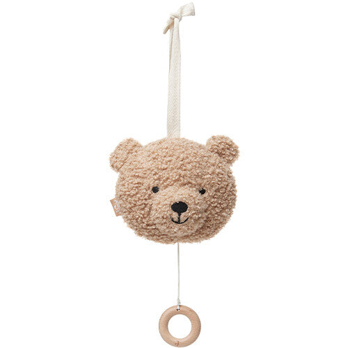 Jollein muziekdoosje in de vorm van een beige teddybeerhoofd met een houten ring.