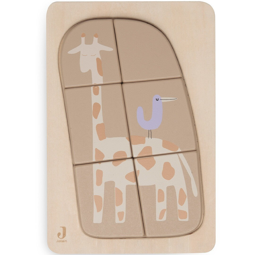 Jollein houten peuterpuzzel met een complete afbeelding van een giraffe en een vogel op zijn rug, van bovenaf gezien.