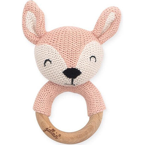 Jollein rammelaar met roze gebreid hertje en houten bijtring.